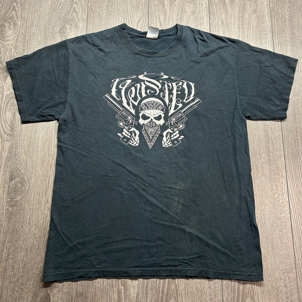 Twisted Mens Y2K Graphic T-Shirt Black Skull Revolvers Angel Wings Large
